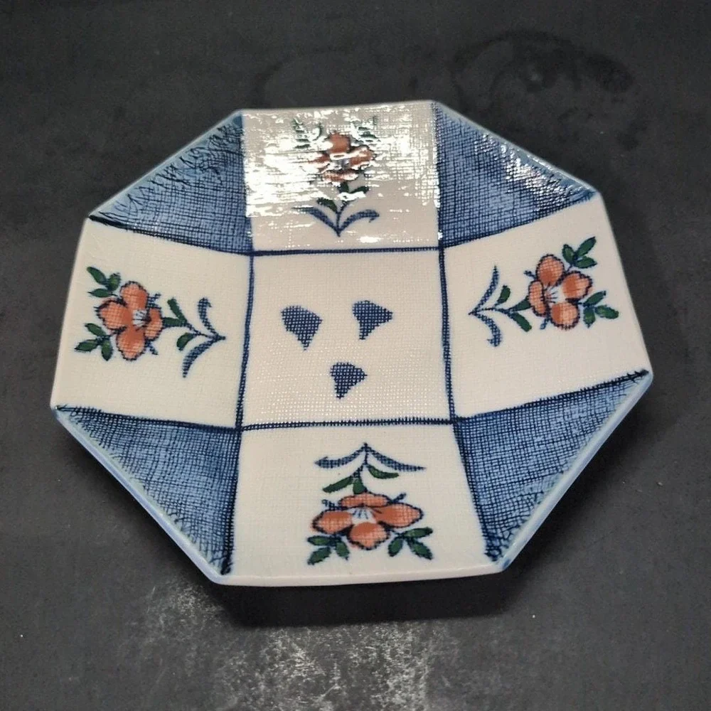 Octagonal Blue & White Floral Ceramic Bowl, Replacement Hand-painted Asian Decor
